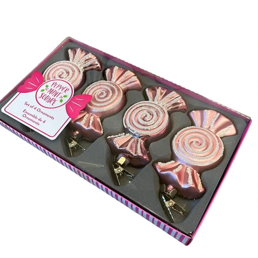 Pepper Mint Square CHRISTMAS CANDY Shaped Clip On Ornaments Set of 4 PINK Swirl